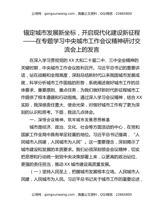 锚定城市发展新坐标，开启现代化建设新征程——在专题学习中央城市工作会议精神研讨交流会上的发言