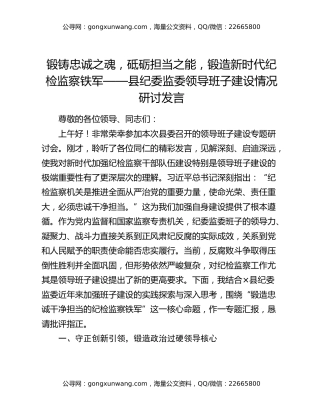 锻铸忠诚之魂，砥砺担当之能，锻造新时代纪检监察铁军——县纪委监委领导班子建设情况研讨发言