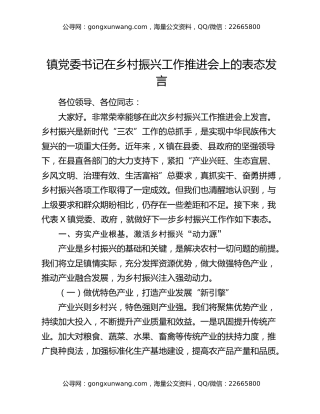 镇党委书记在乡村振兴工作推进会上的表态发言