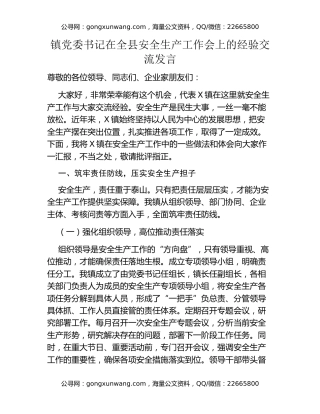 镇党委书记在全县安全生产工作会上的经验交流发言
