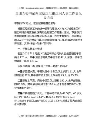 集团党委书记向巡察组汇报组织人事工作情况发言稿