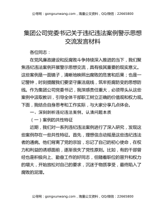 集团公司党委书记关于违纪违法案例警示思想交流发言材料