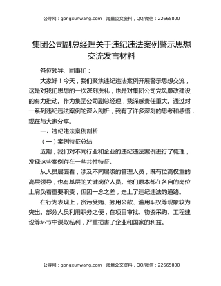 集团公司副总经理关于违纪违法案例警示思想交流发言材料