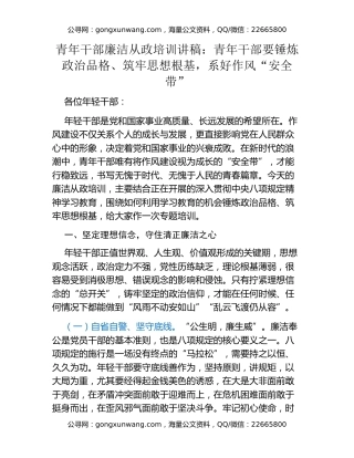 青年干部廉洁从政培训讲稿：青年干部要锤炼政治品格、筑牢思想根基，系好作风“安全带”