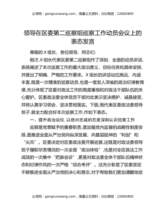 领导在区委第二巡察组巡察工作动员会议上的表态发言