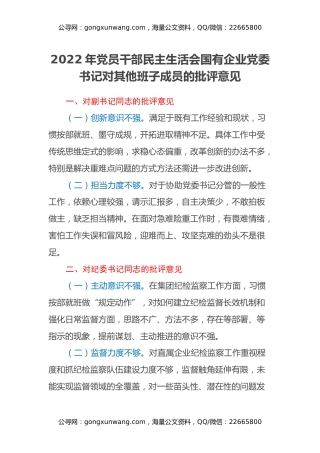 2022年党员干部民主生活会国有企业党委书记对其他班子成员的批评意见