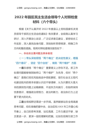 2022年园区民主生活会领导个人对照检查材料（六个带头） (2)