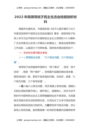 2022年局领导班子民主生活会检视剖析材料