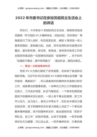 2022年市委书记在参加党组民主生活会上的讲话