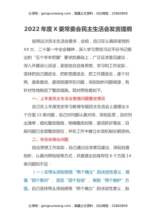 2022年度X委常委会民主生活会发言提纲