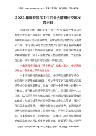 2022年度专题民主生活会会前研讨交流发言材料