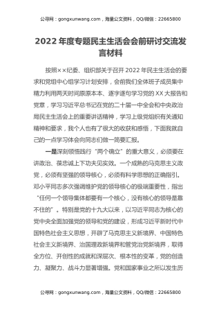 2022年度专题民主生活会会前研讨交流发言材料 (2)