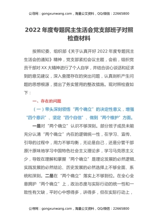2022年度专题民主生活会党支部班子对照检查材料