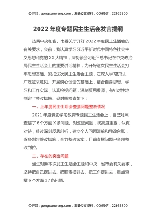 2022年度专题民主生活会发言提纲