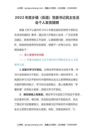 2022年度乡镇（街道）党委书记民主生活会个人发言提纲