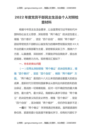 2022年度党员干部民主生活会个人对照检查材料 (2)