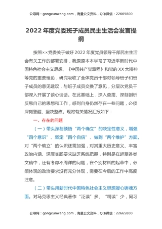 2022年度党委班子成员民主生活会发言提纲
