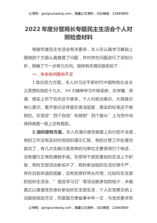 2022年度分管局长专题民主生活会个人对照检查材料