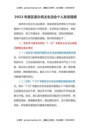 2022年度区委办民主生活会个人发言提纲