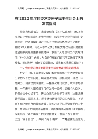 2022年度区委常委班子民主生活会上的发言提纲