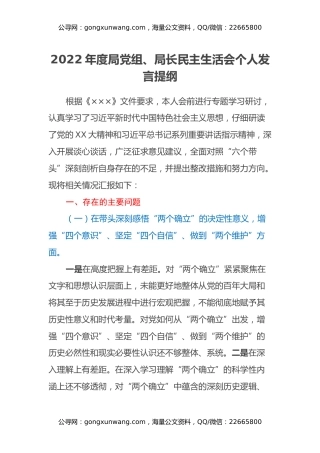2022年度局党组、局长民主生活会个人发言提纲
