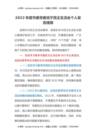 2022年度市委常委班子民主生活会个人发言提纲