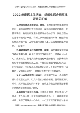 2022年度民主生活会、组织生活会相互批评意见汇编