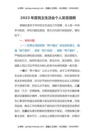 2022年度民主生活会个人发言提纲 (4)