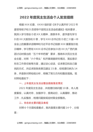 2022年度民主生活会个人发言提纲 (5)