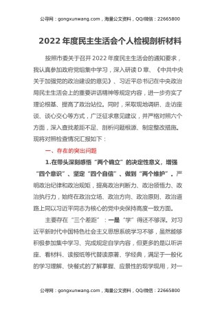 2022年度民主生活会个人检视剖析材料