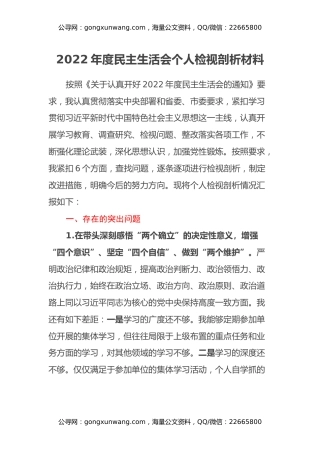 2022年度民主生活会个人检视剖析材料(6个方面）