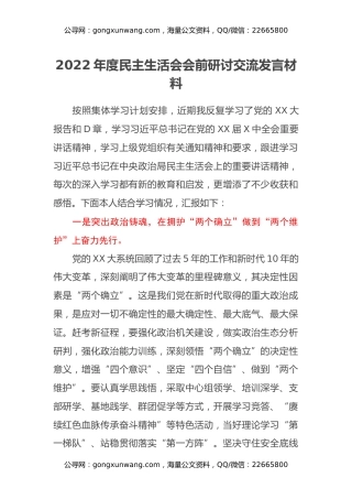 2022年度民主生活会会前研讨交流发言材料