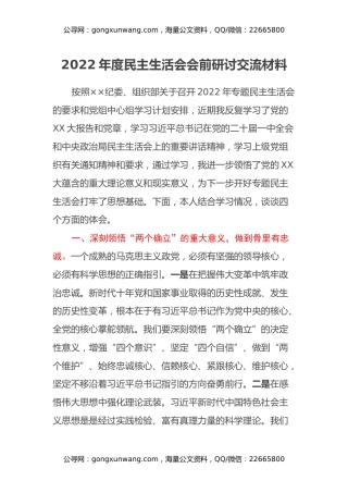 2022年度民主生活会会前研讨交流材料