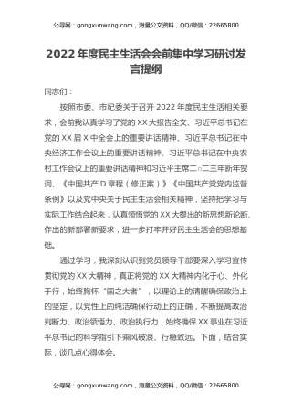2022年度民主生活会会前集中学习研讨发言提纲