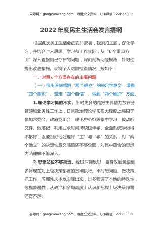 2022年度民主生活会发言提纲