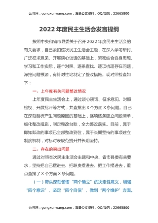 2022年度民主生活会发言提纲 (12)