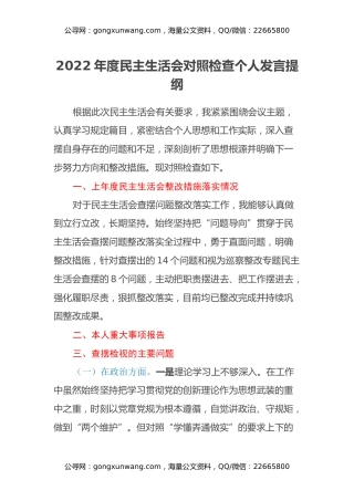 2022年度民主生活会对照检查个人发言提纲