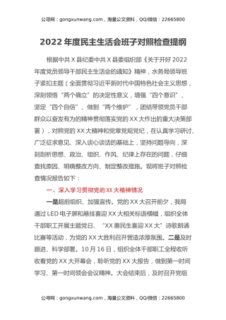 2022年度民主生活会班子对照检查提纲