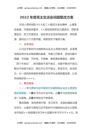 2022年度民主生活会问题整改方案
