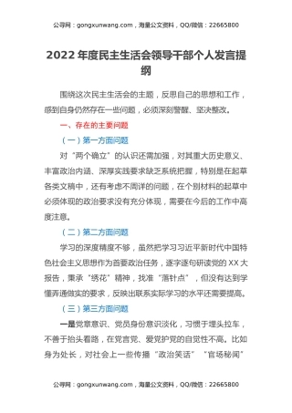 2022年度民主生活会领导干部个人发言提纲