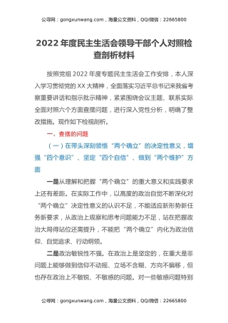 2022年度民主生活会领导干部个人对照检查剖析材料