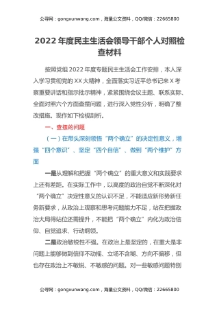 2022年度民主生活会领导干部个人对照检查材料
