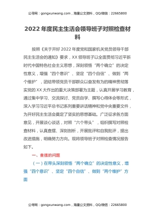 2022年度民主生活会领导班子对照检查材料