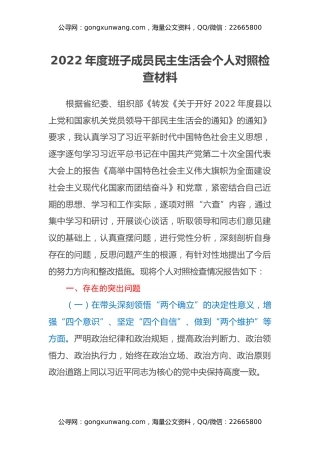 2022年度班子成员民主生活会个人对照检查材料 (2)