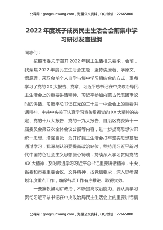 2022年度班子成员民主生活会会前集中学习研讨发言提纲