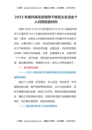 2022年度科级党员领导干部民主生活会 个人对照检查材料