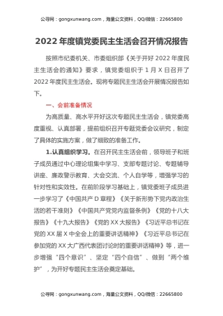 2022年度镇党委民主生活会召开情况报告