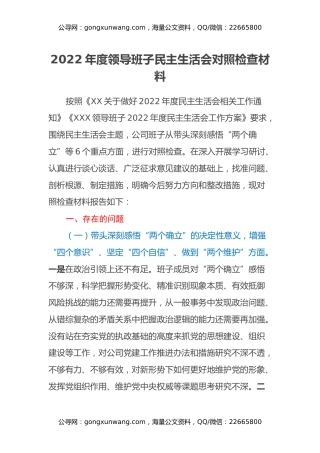 2022年度领导班子民主生活会对照检查材料 (2)