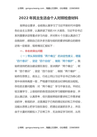 2022年民主生活会个人对照检查材料