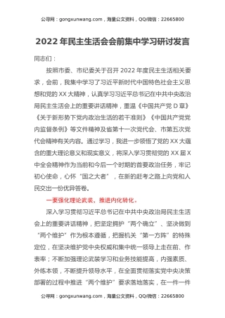 2022年民主生活会会前集中学习研讨发言